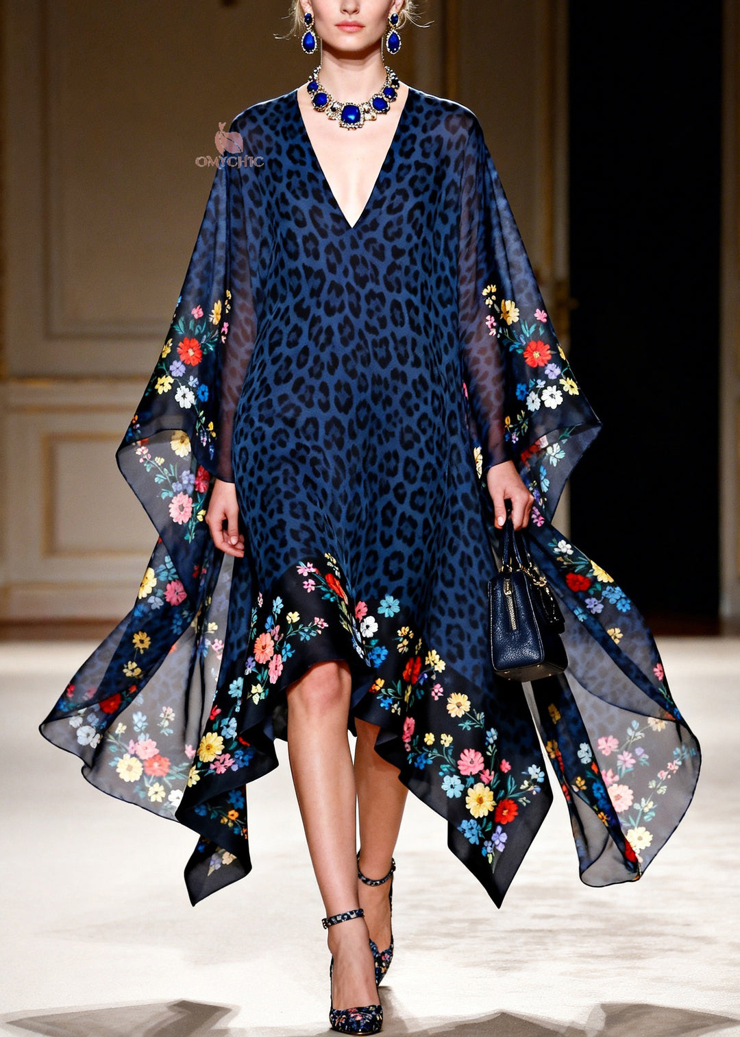 Women Blue V Neck Leopard Print Chiffon Vacation Dresses Summer