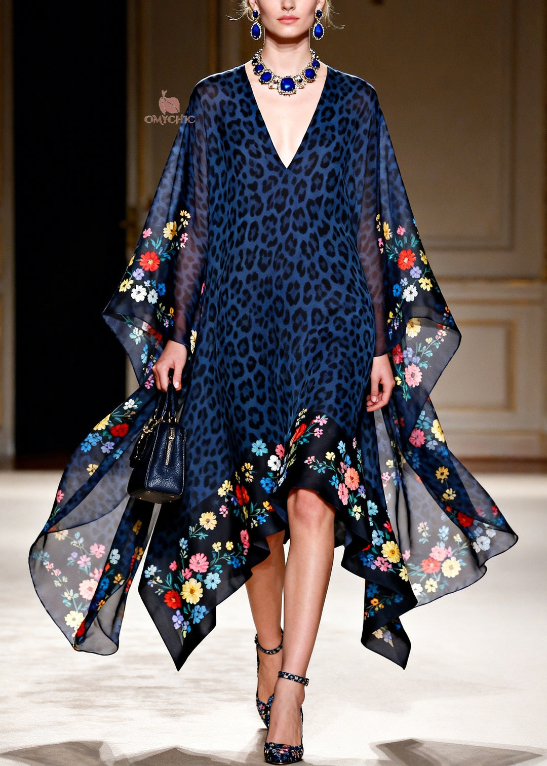 Women Blue V Neck Leopard Print Chiffon Vacation Dresses Summer