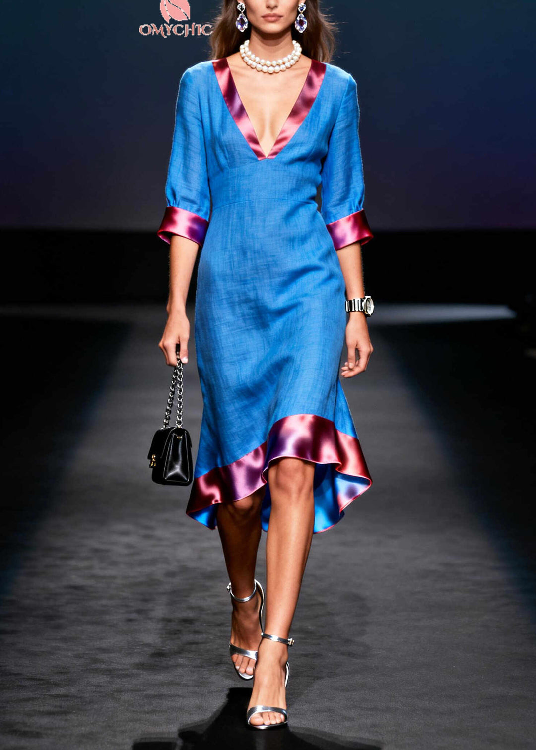 Women Blue V Neck Patchwork Cotton Long Dress Summer