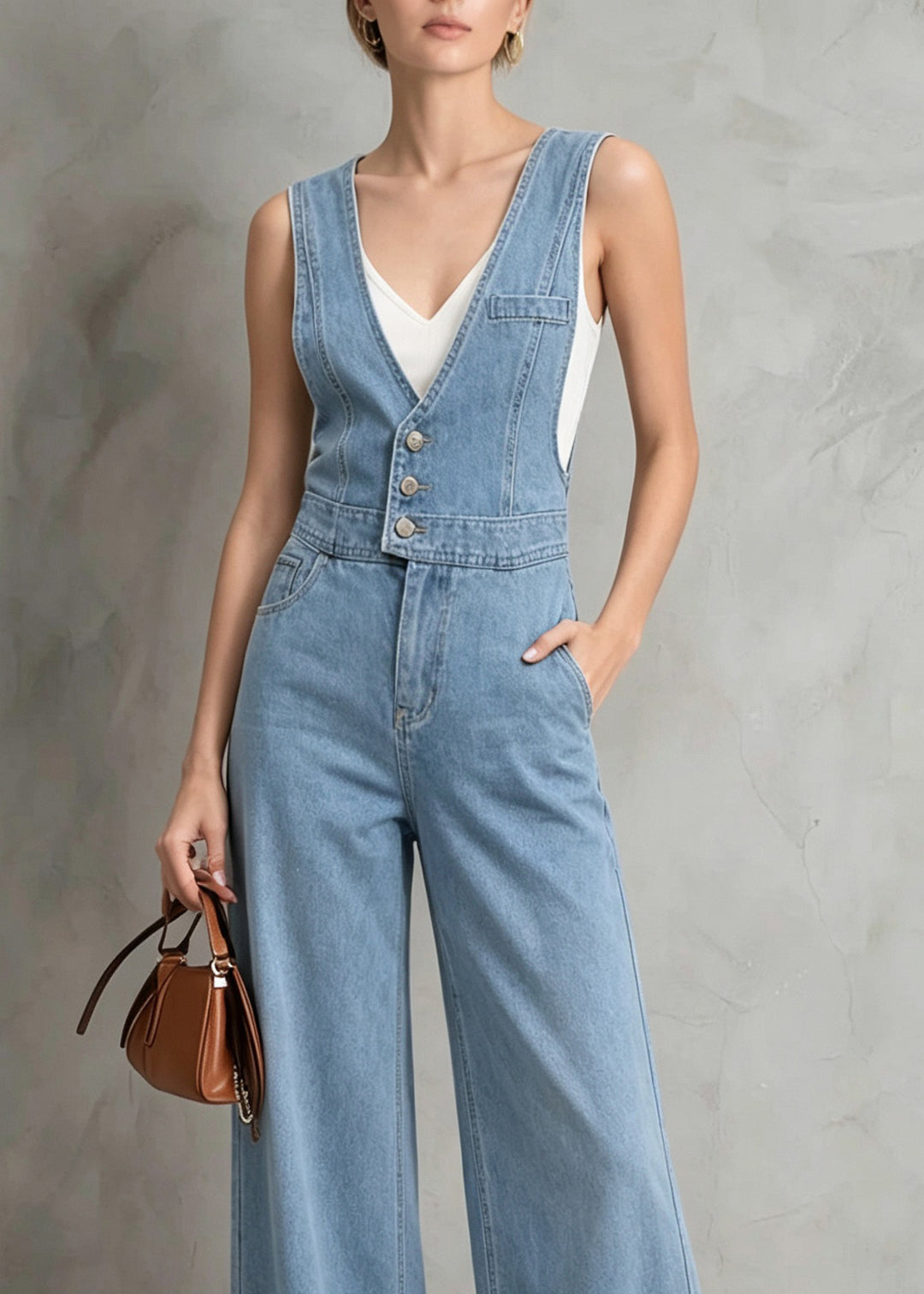 Women Blue V Neck Patchwork Denim Jumpsuit Sleeveless