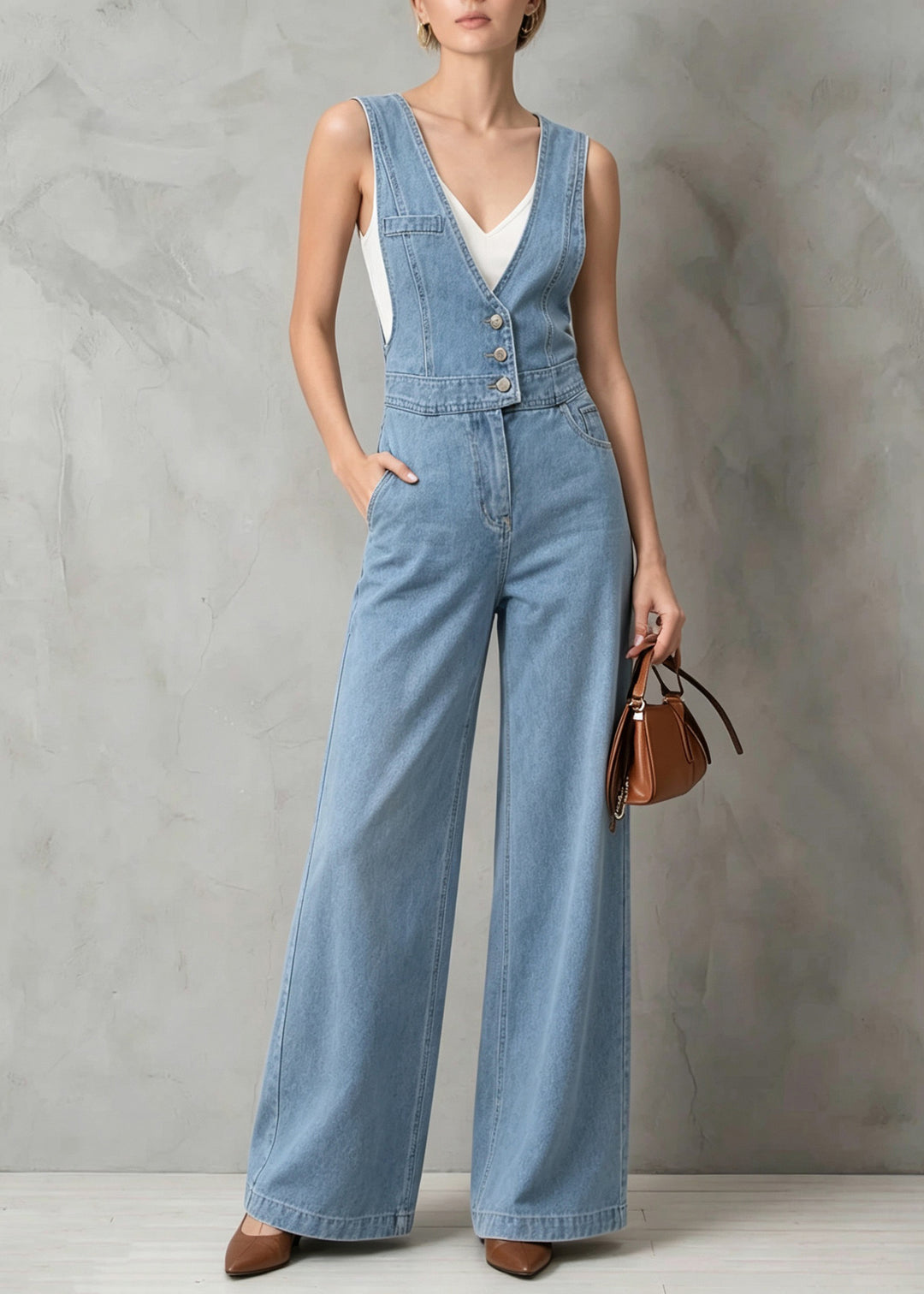 Women Blue V Neck Patchwork Denim Jumpsuit Sleeveless