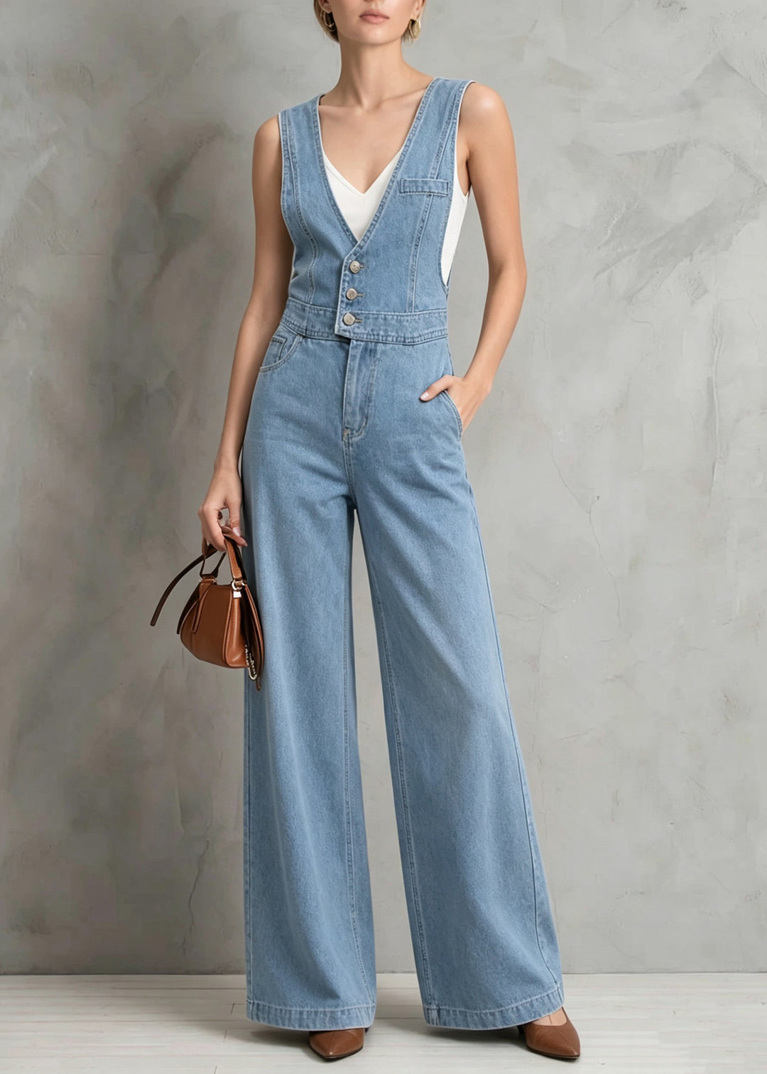 Women Blue V Neck Patchwork Denim Jumpsuit Sleeveless
