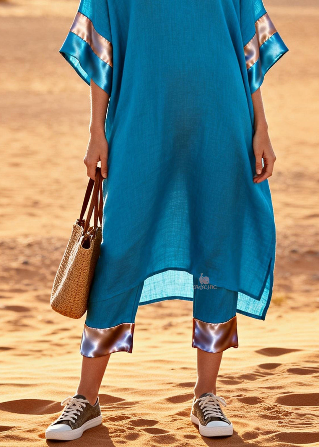 Women Blue V Neck Patchwork Linen Silk Two Pieces Set Summer