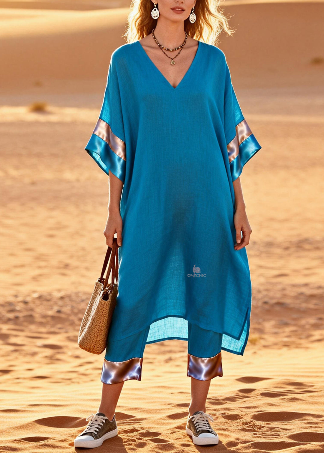 Women Blue V Neck Patchwork Linen Silk Two Pieces Set Summer