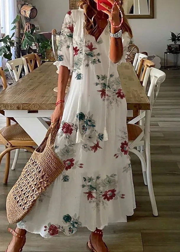 Women Blue V Neck Print Boho Cotton Long Dresses Summer