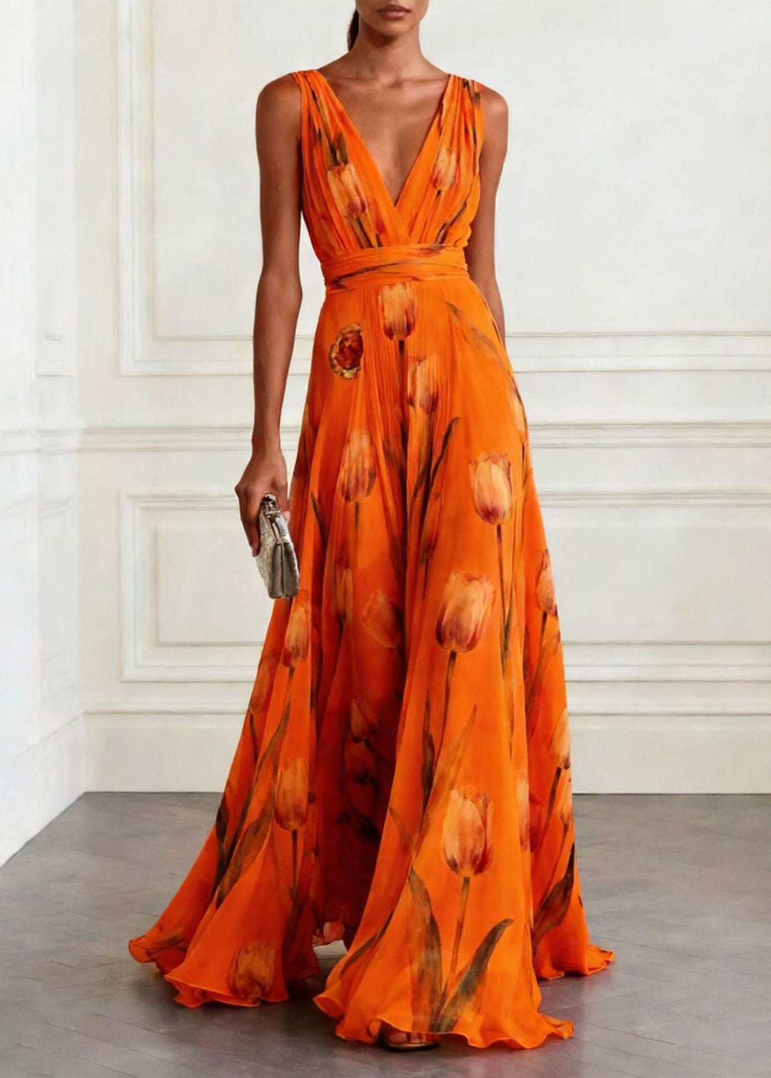 Women Blue V Neck Print Chiffon Long Dress Sleeveless