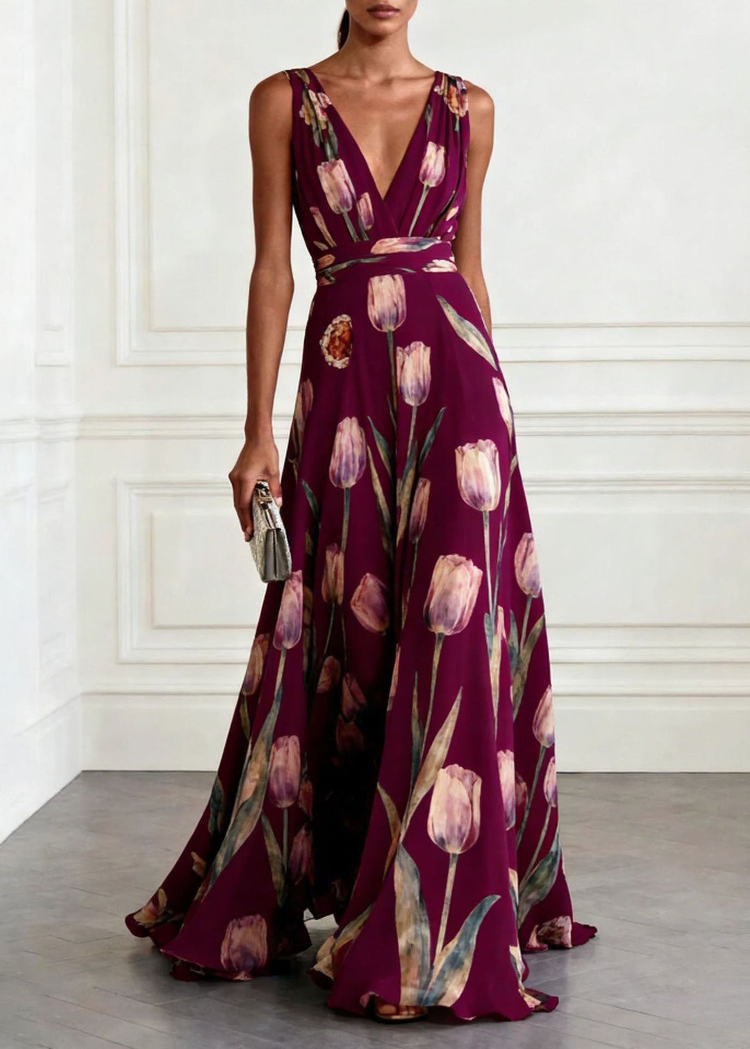 Women Blue V Neck Print Chiffon Long Dress Sleeveless
