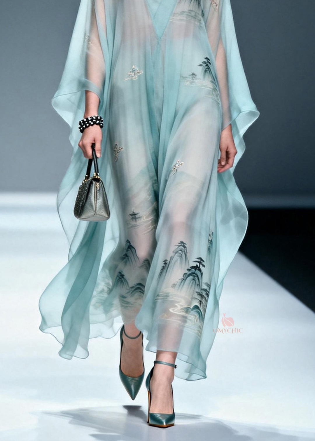 Women Blue V Neck Print Chiffon Long Dress Spring