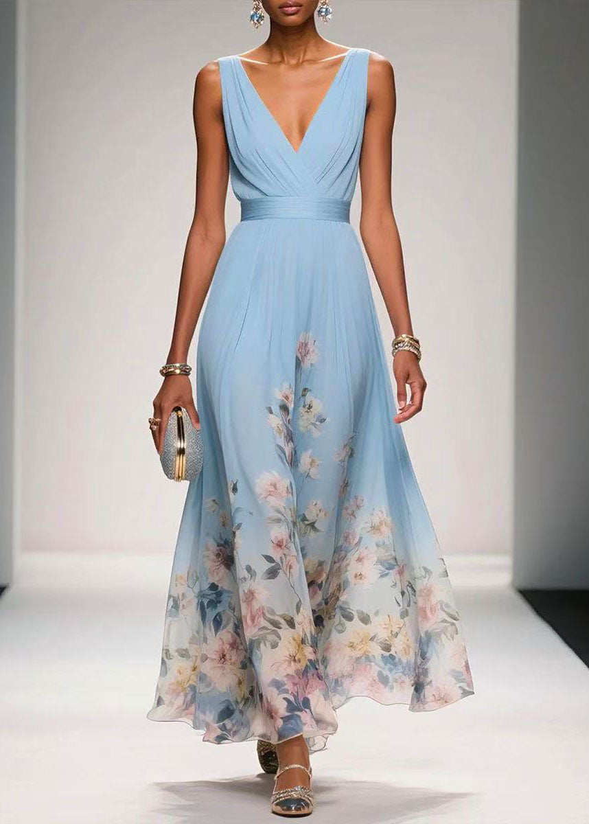 Women Blue V Neck Print Chiffon Long Dress Summer