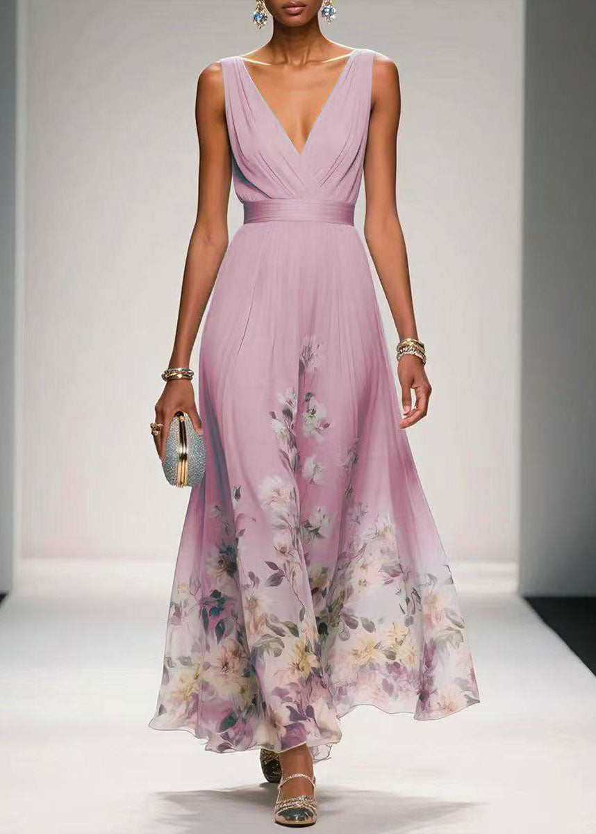 Women Blue V Neck Print Chiffon Long Dress Summer