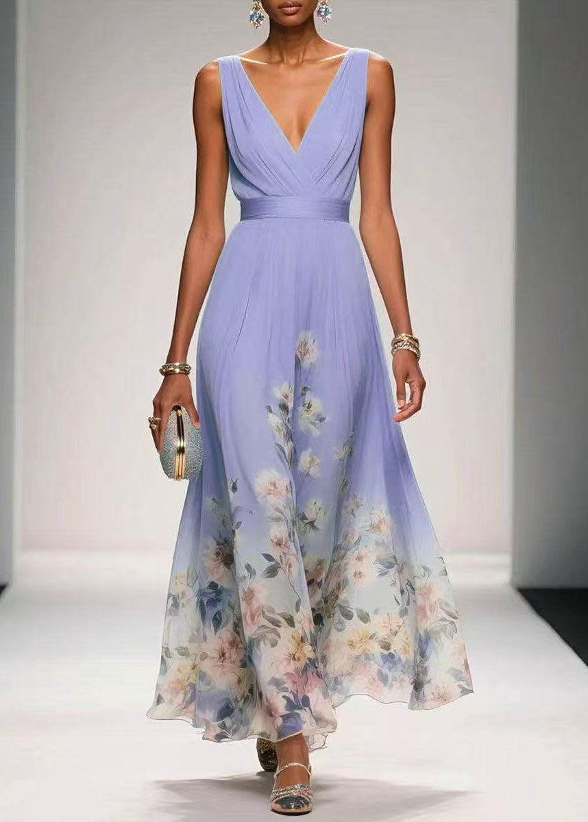Women Blue V Neck Print Chiffon Long Dress Summer