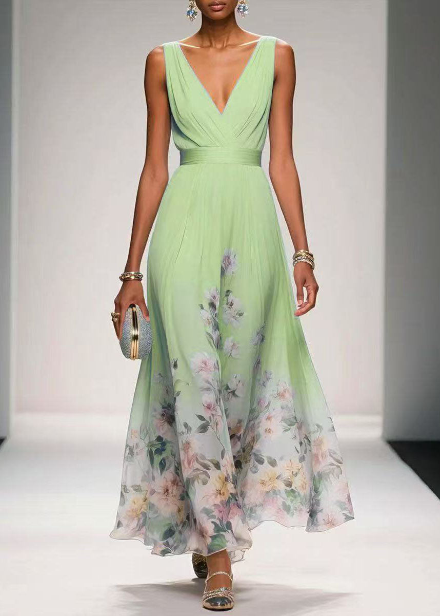 Women Blue V Neck Print Chiffon Long Dress Summer