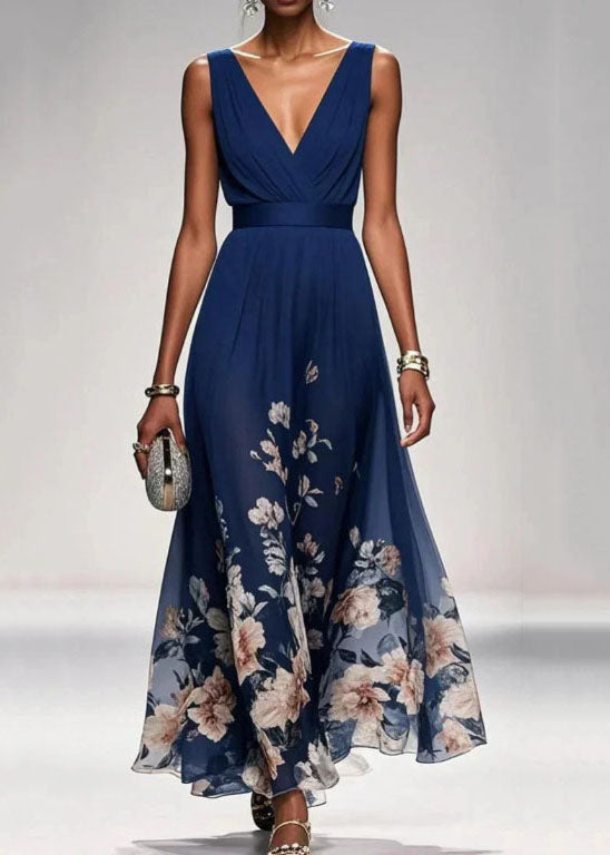 Women Blue V Neck Print Chiffon Long Dress Summer
