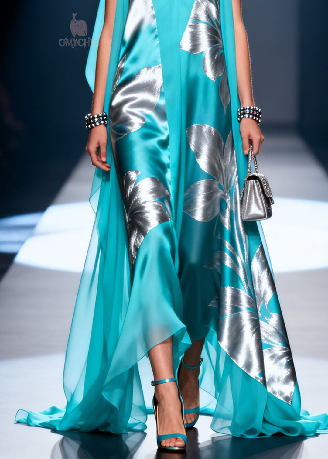 Women Blue V Neck Print Patchwork Chiffon Dresses Summer