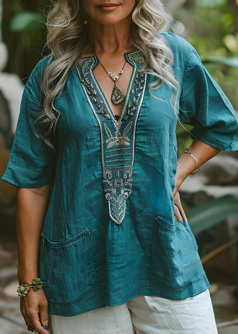 Women Blue V Neck Print Pockets Plus Size Cotton Top Summer