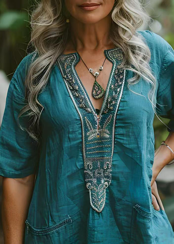 Women Blue V Neck Print Pockets Plus Size Cotton Top Summer