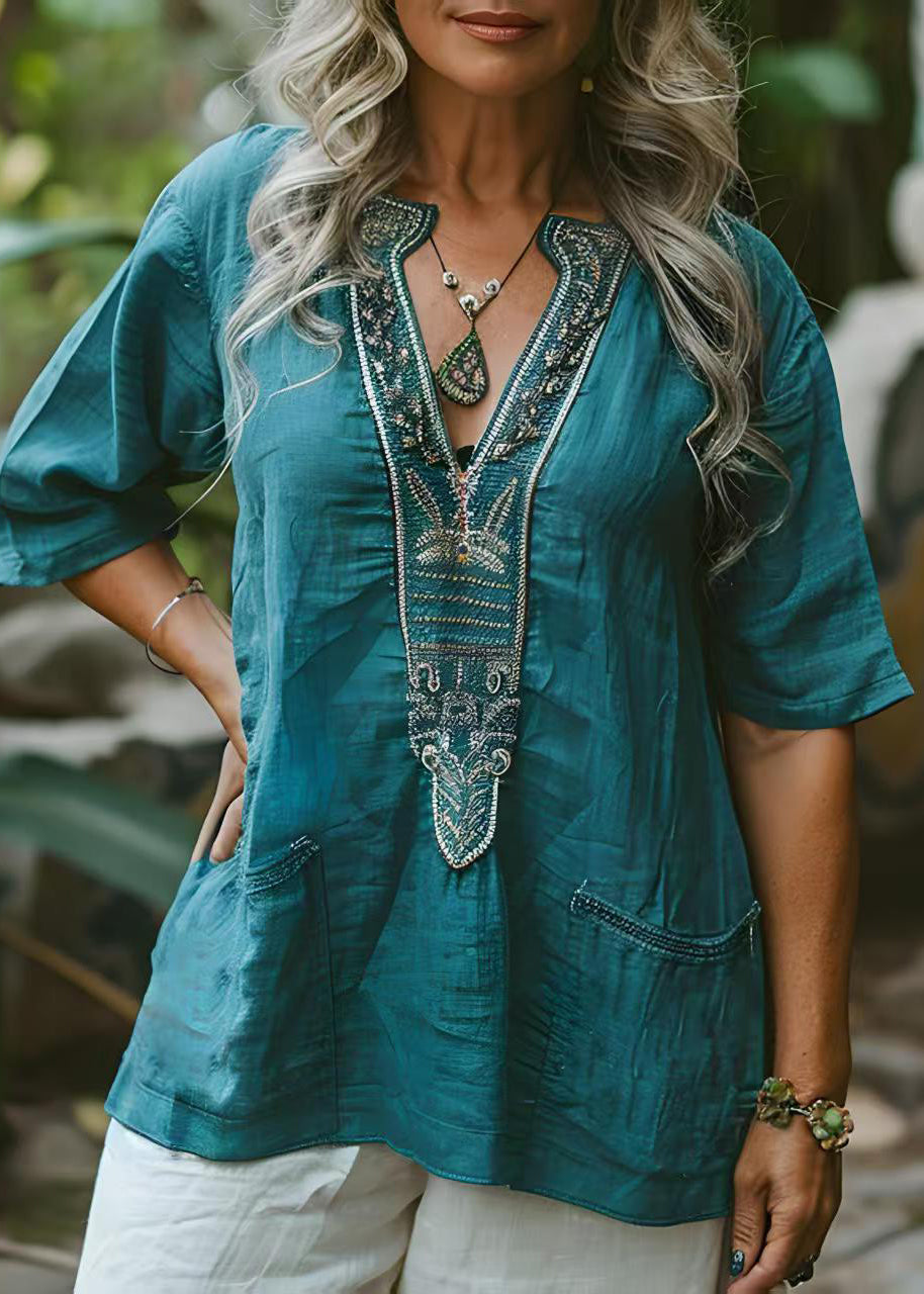 Women Blue V Neck Print Pockets Plus Size Cotton Top Summer