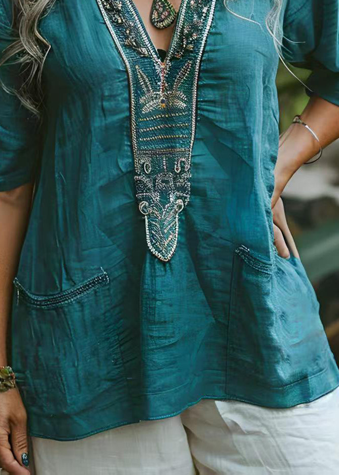 Women Blue V Neck Print Pockets Plus Size Cotton Top Summer