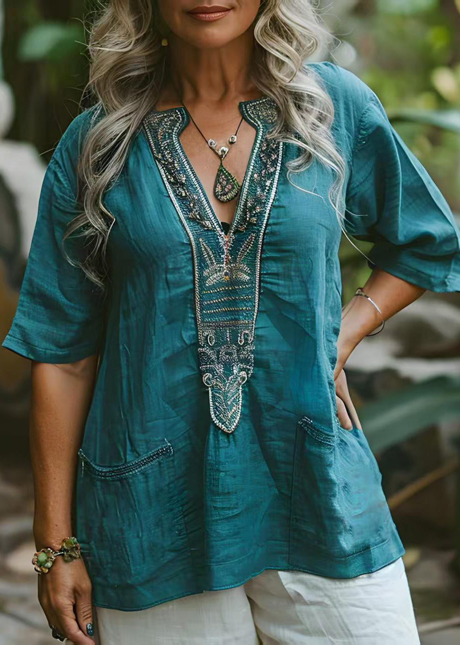 Women Blue V Neck Print Pockets Plus Size Cotton Top Summer