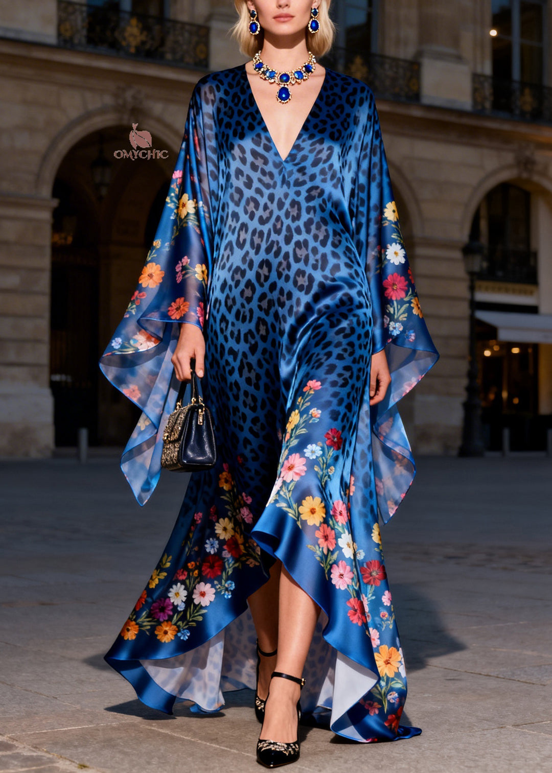 Women Blue V Neck Print Ruffled Silk Long Dresses Summer