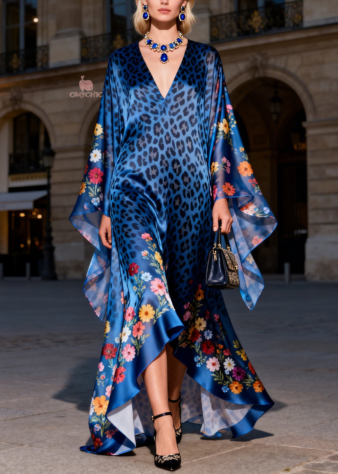 Women Blue V Neck Print Ruffled Silk Long Dresses Summer