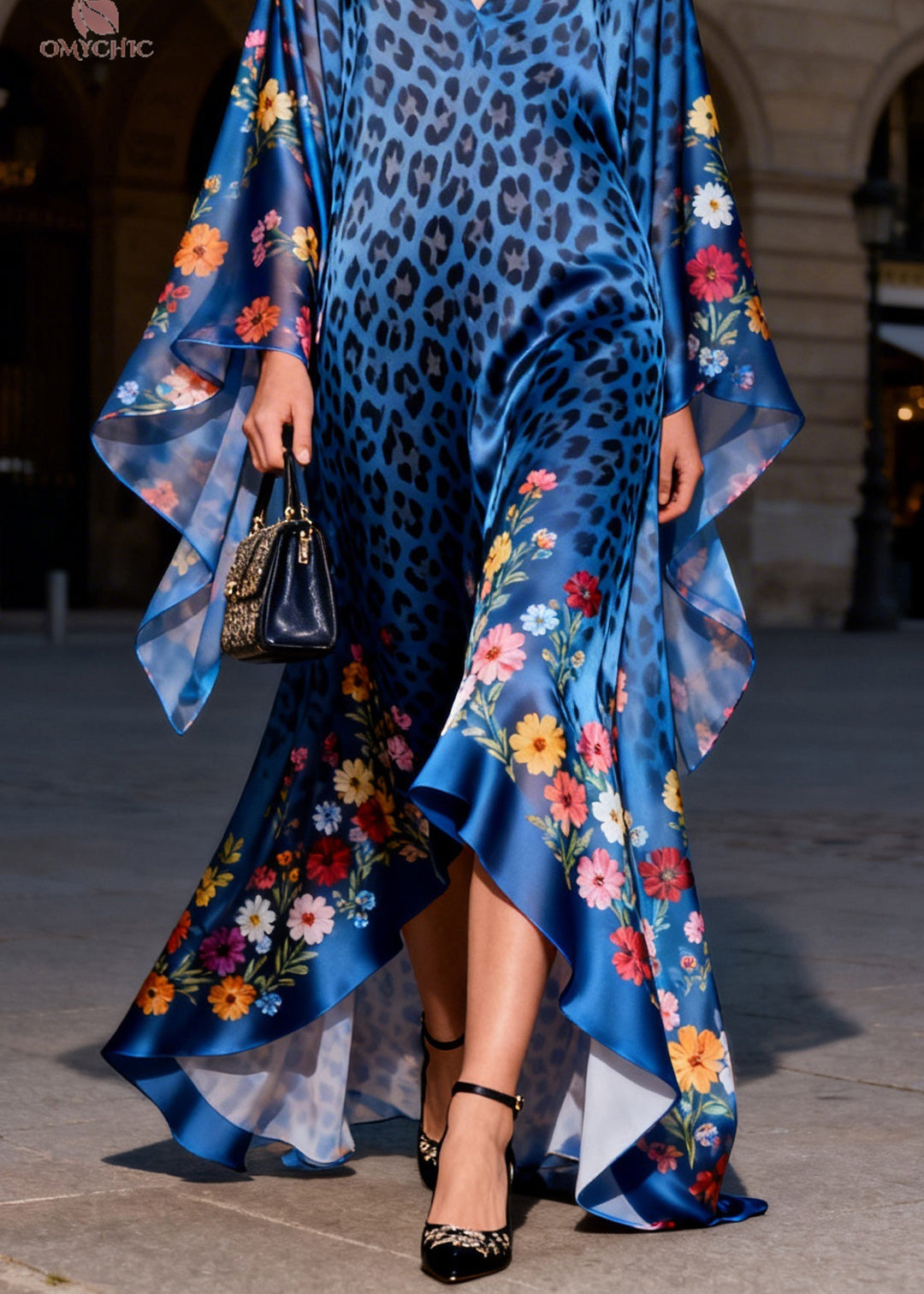 Women Blue V Neck Print Ruffled Silk Long Dresses Summer