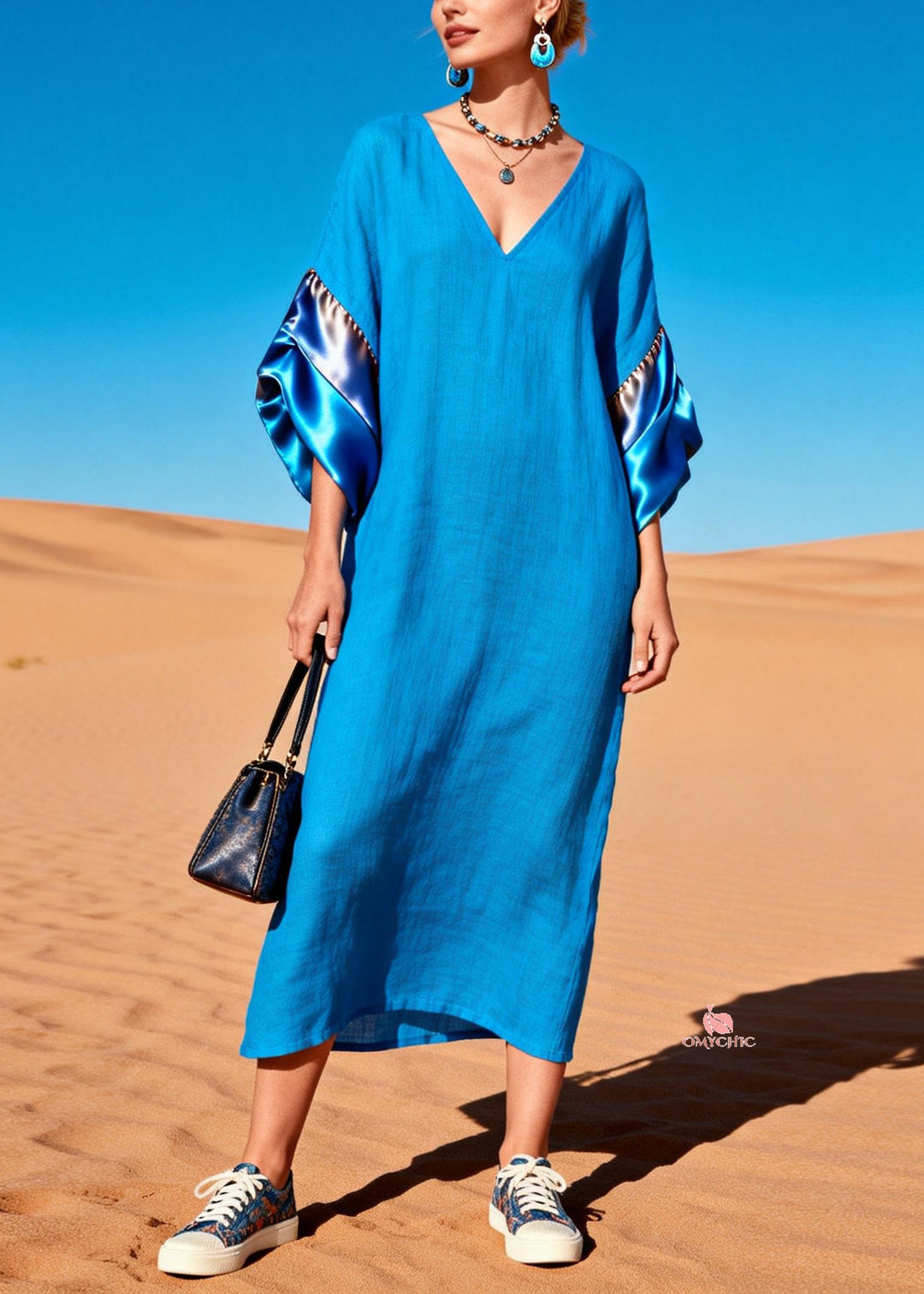 Women Blue V Neck Solid Silk Patchwork Dress Summer