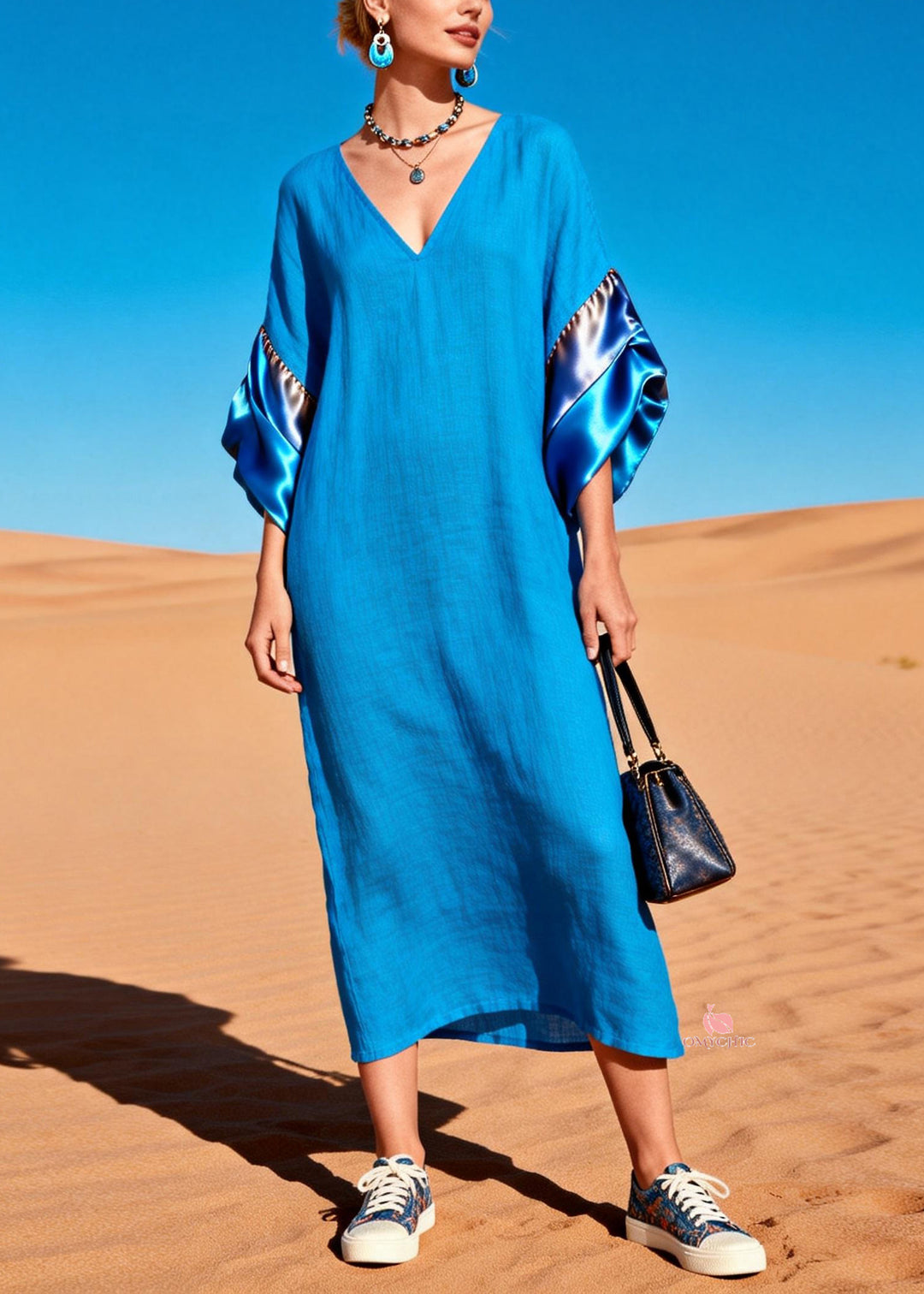 Women Blue V Neck Solid Silk Patchwork Dress Summer