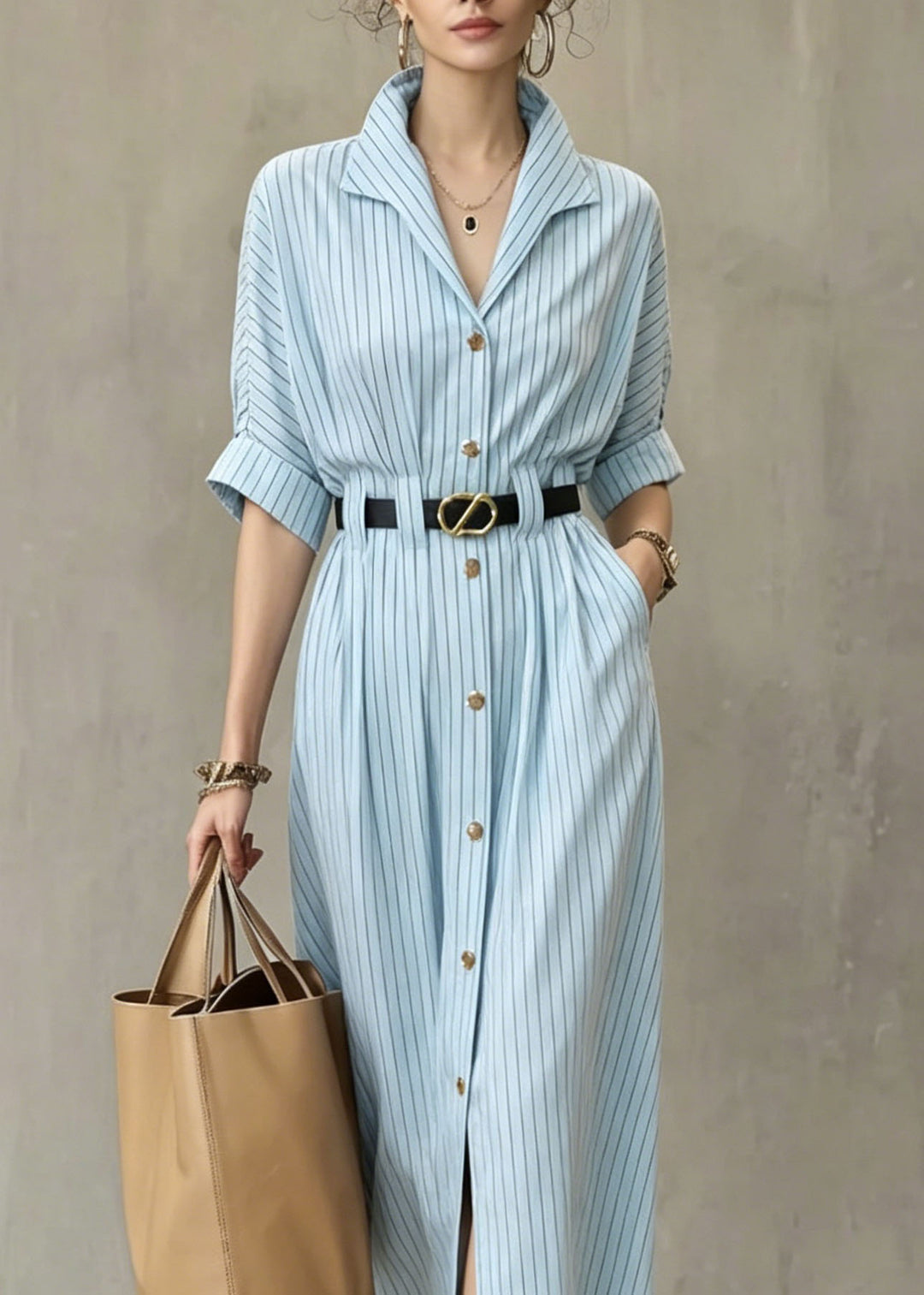 Women Blue V Neck Striped Pockets Cotton Dresses Summer