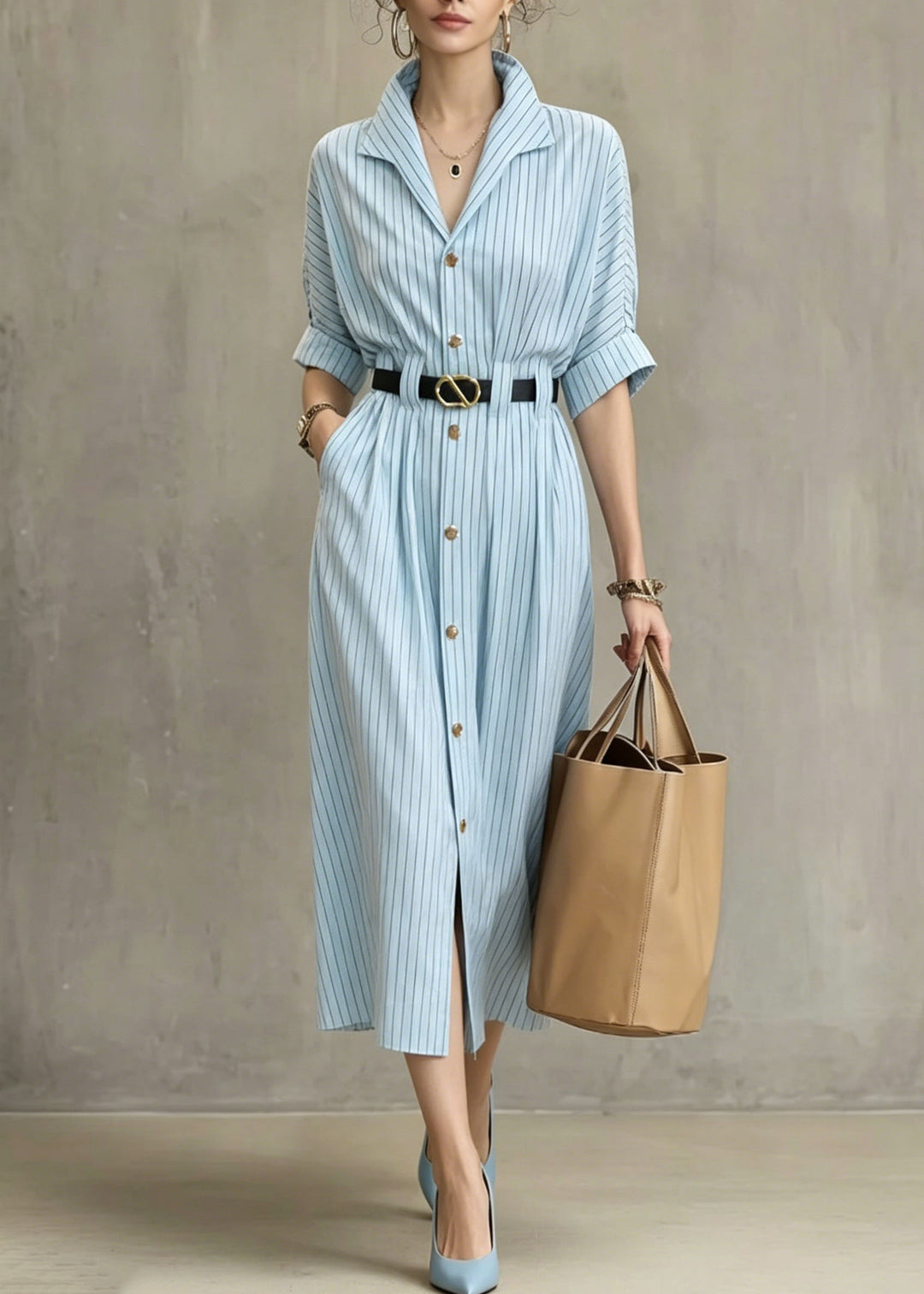 Women Blue V Neck Striped Pockets Cotton Dresses Summer