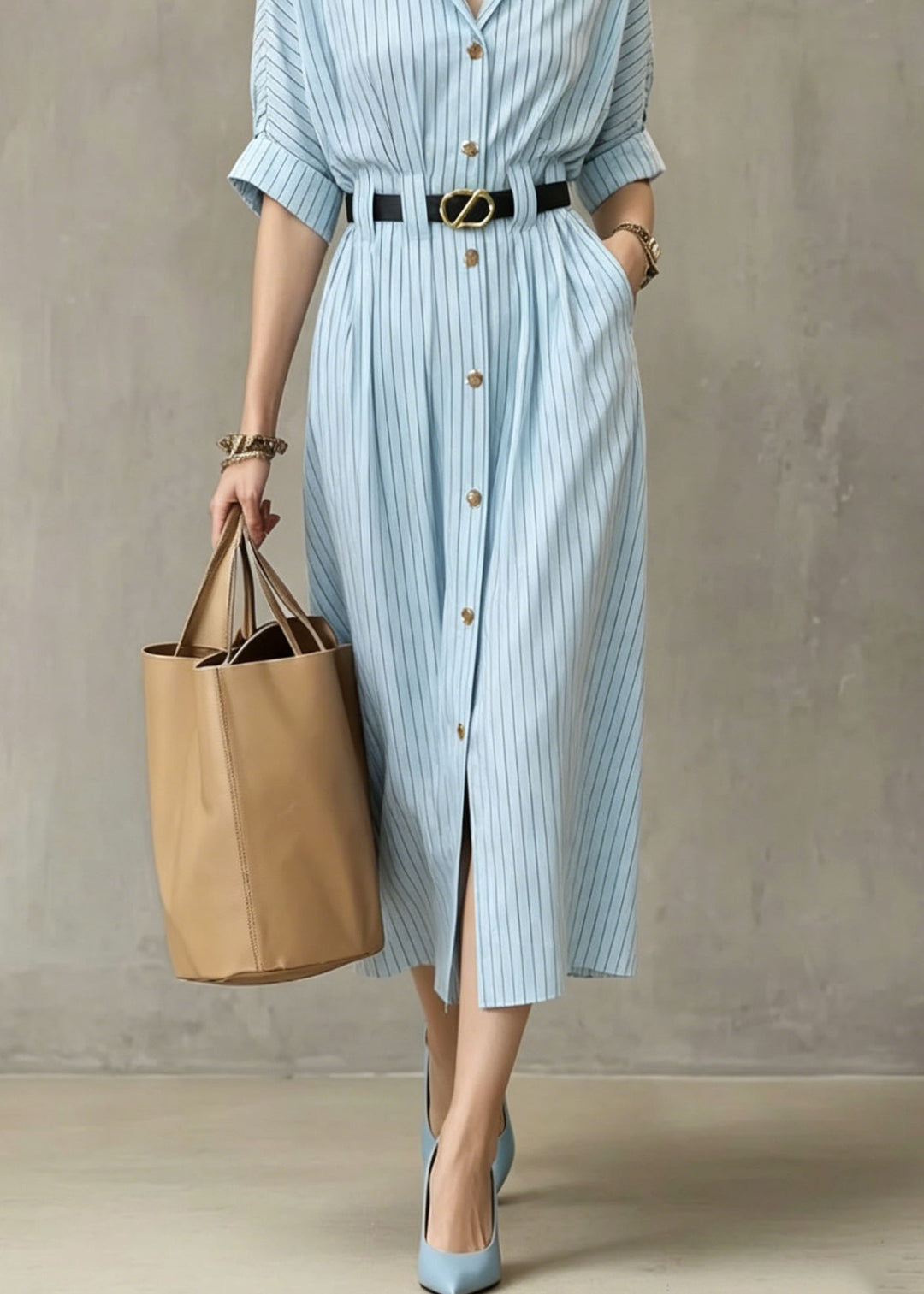 Women Blue V Neck Striped Pockets Cotton Dresses Summer
