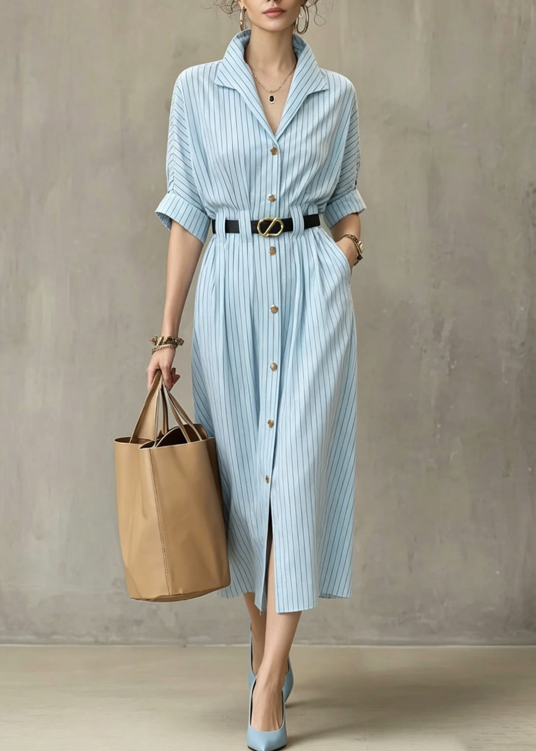 Women Blue V Neck Striped Pockets Cotton Dresses Summer