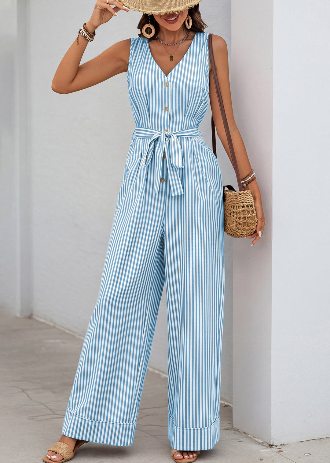 Women Blue V Neck Striped Tie Waist Cotton Jumpsuits Sleeveless