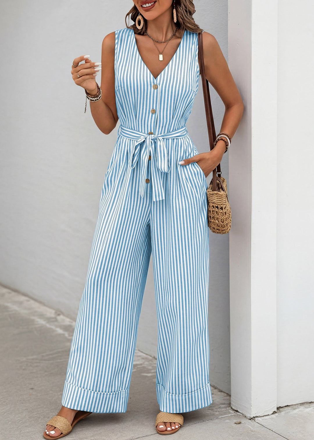 Women Blue V Neck Striped Tie Waist Cotton Jumpsuits Sleeveless