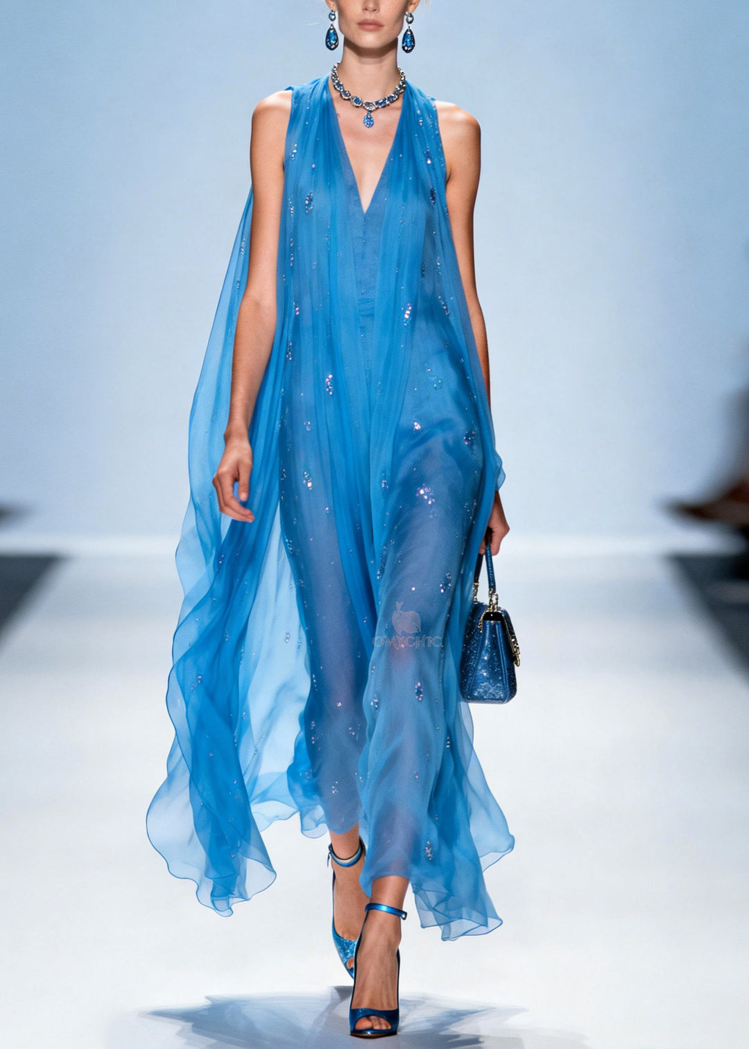 Women Blue V Neck Zircon Chiffon Dresses Sleeveless