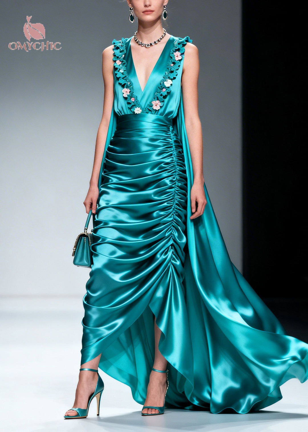 Women Blue Wrinkled Exra Large Hem Flower Silk Party Dresses Sleeveless
