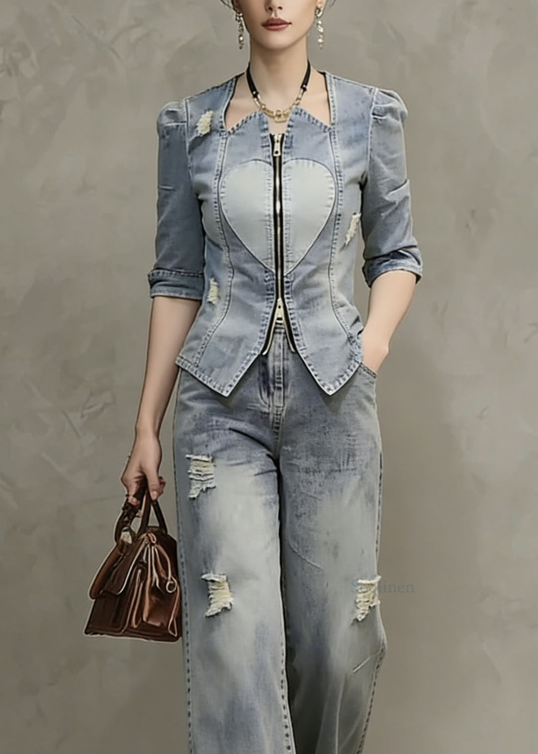 Women Blue Zip Up Patchwork Ripped Denim Two Pieces Set Spring