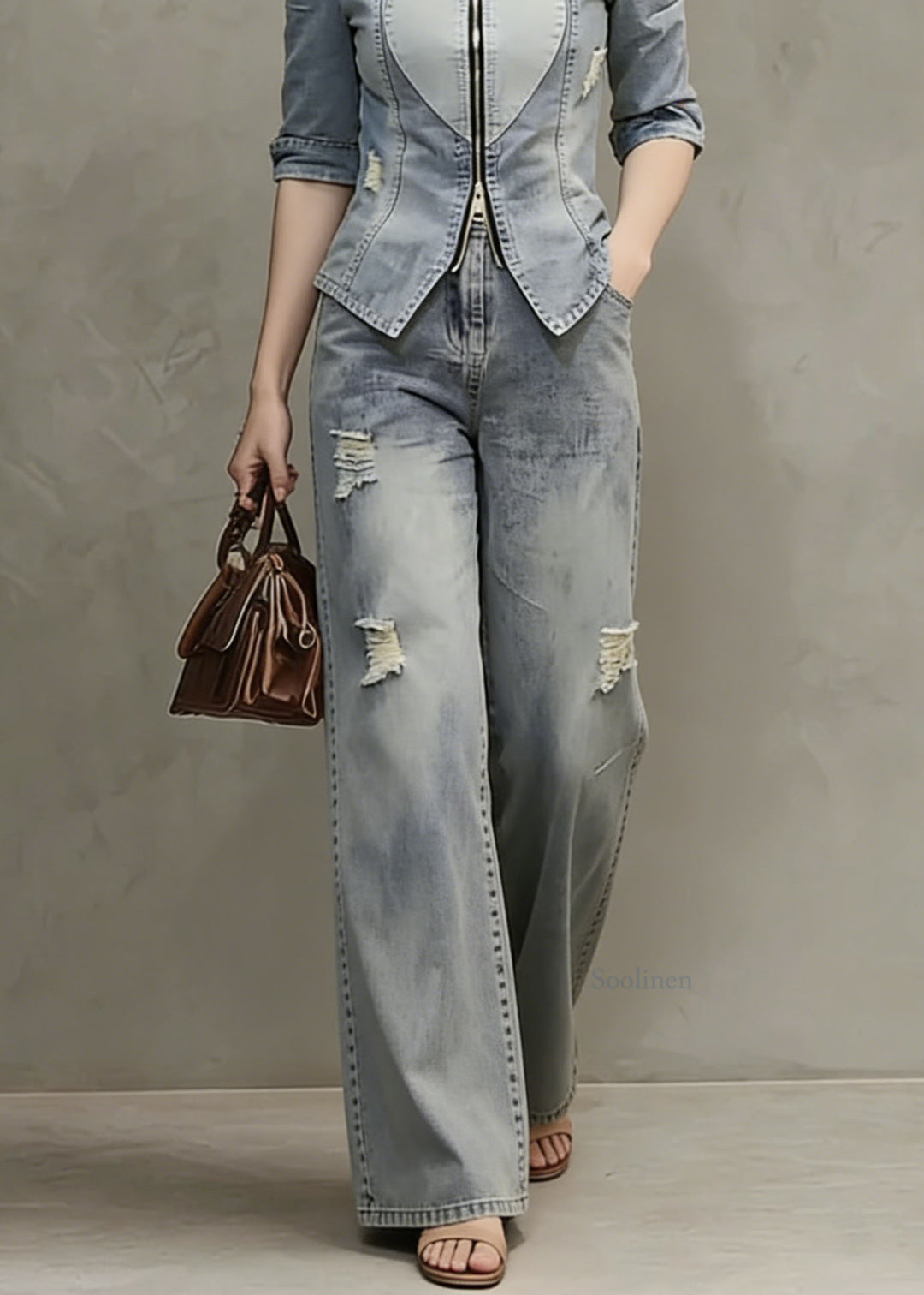 Women Blue Zip Up Patchwork Ripped Denim Two Pieces Set Spring