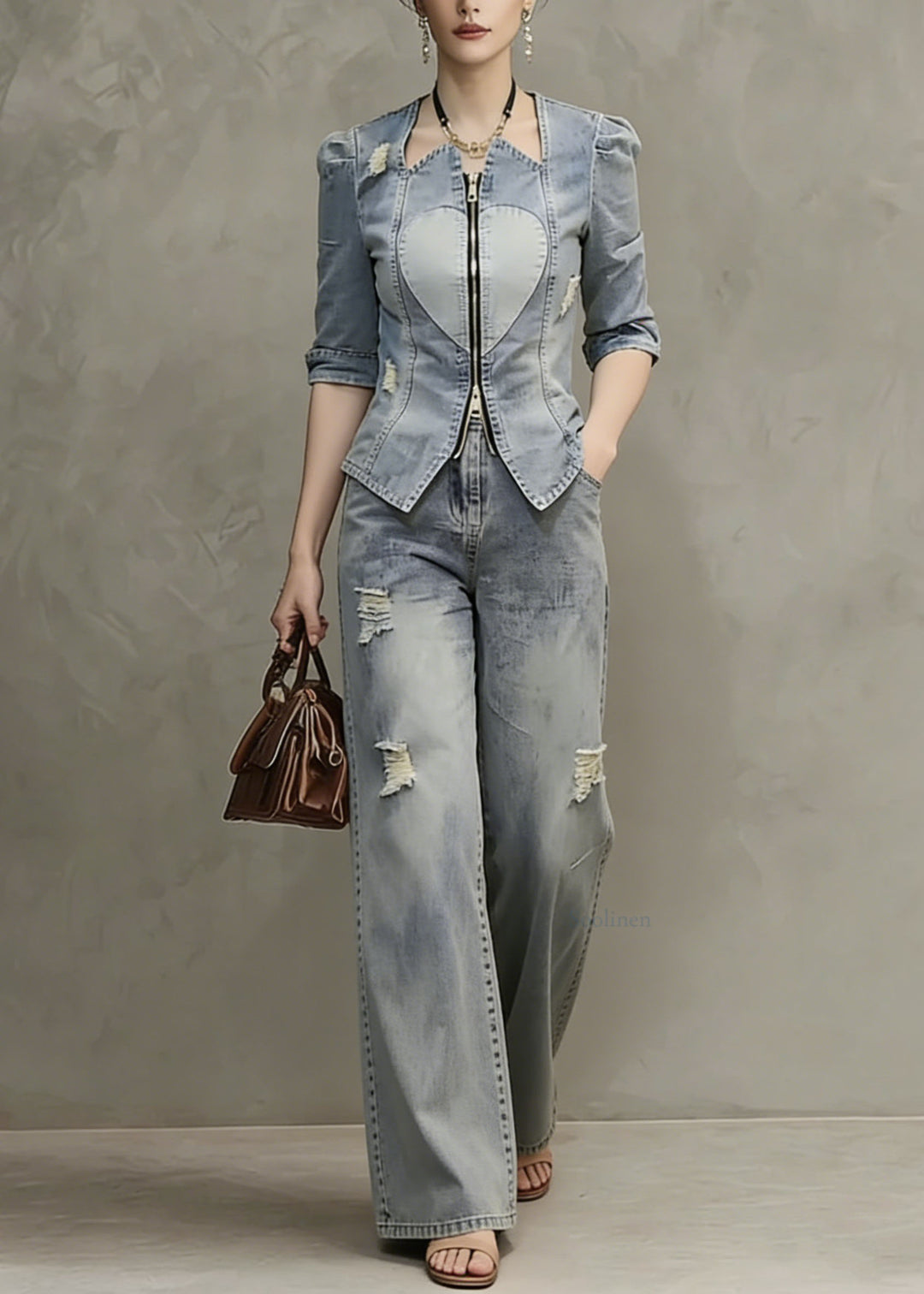 Women Blue Zip Up Patchwork Ripped Denim Two Pieces Set Spring