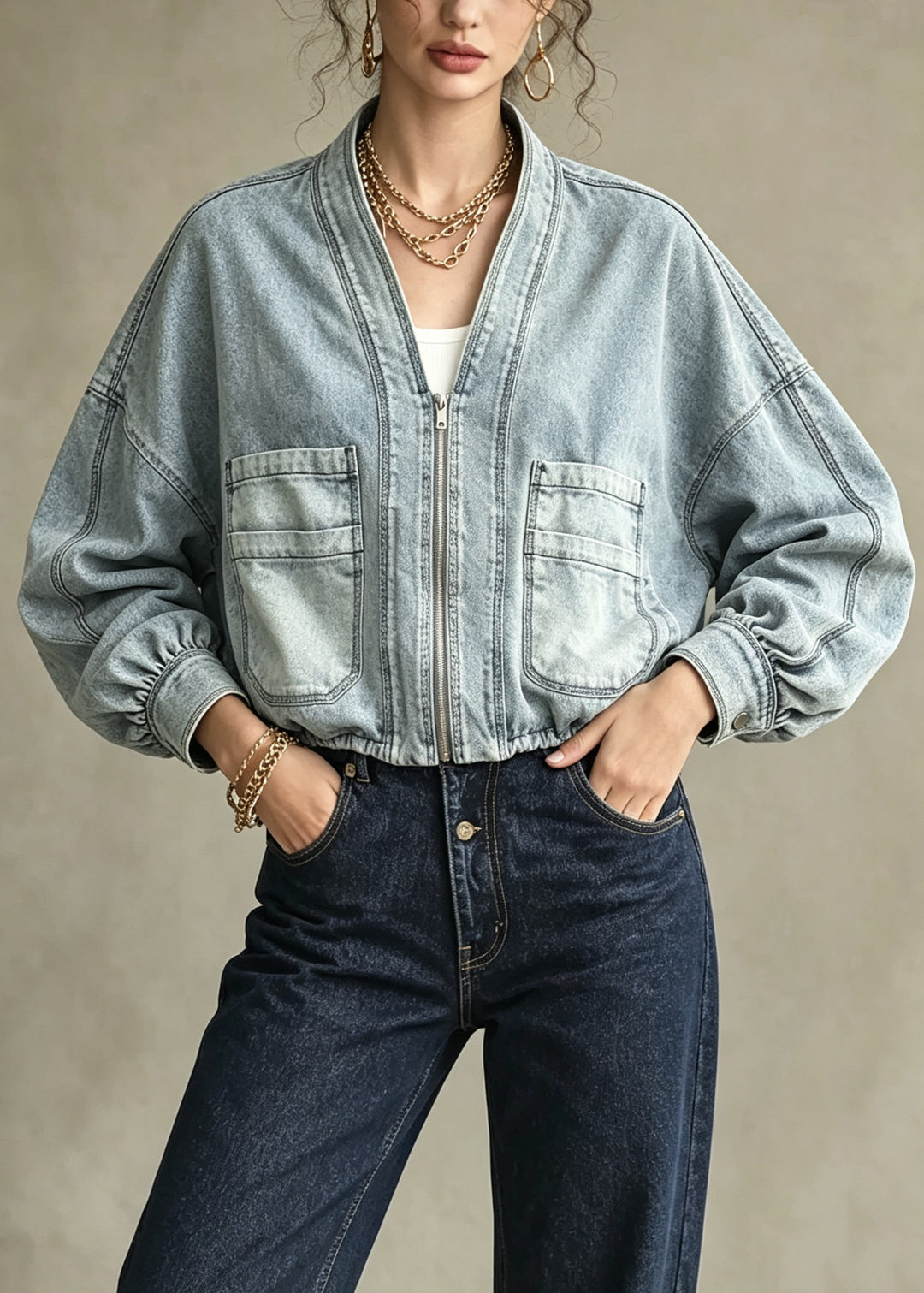 Women Blue Zip Up Pockets Patchwork Denim Jacket Fall
