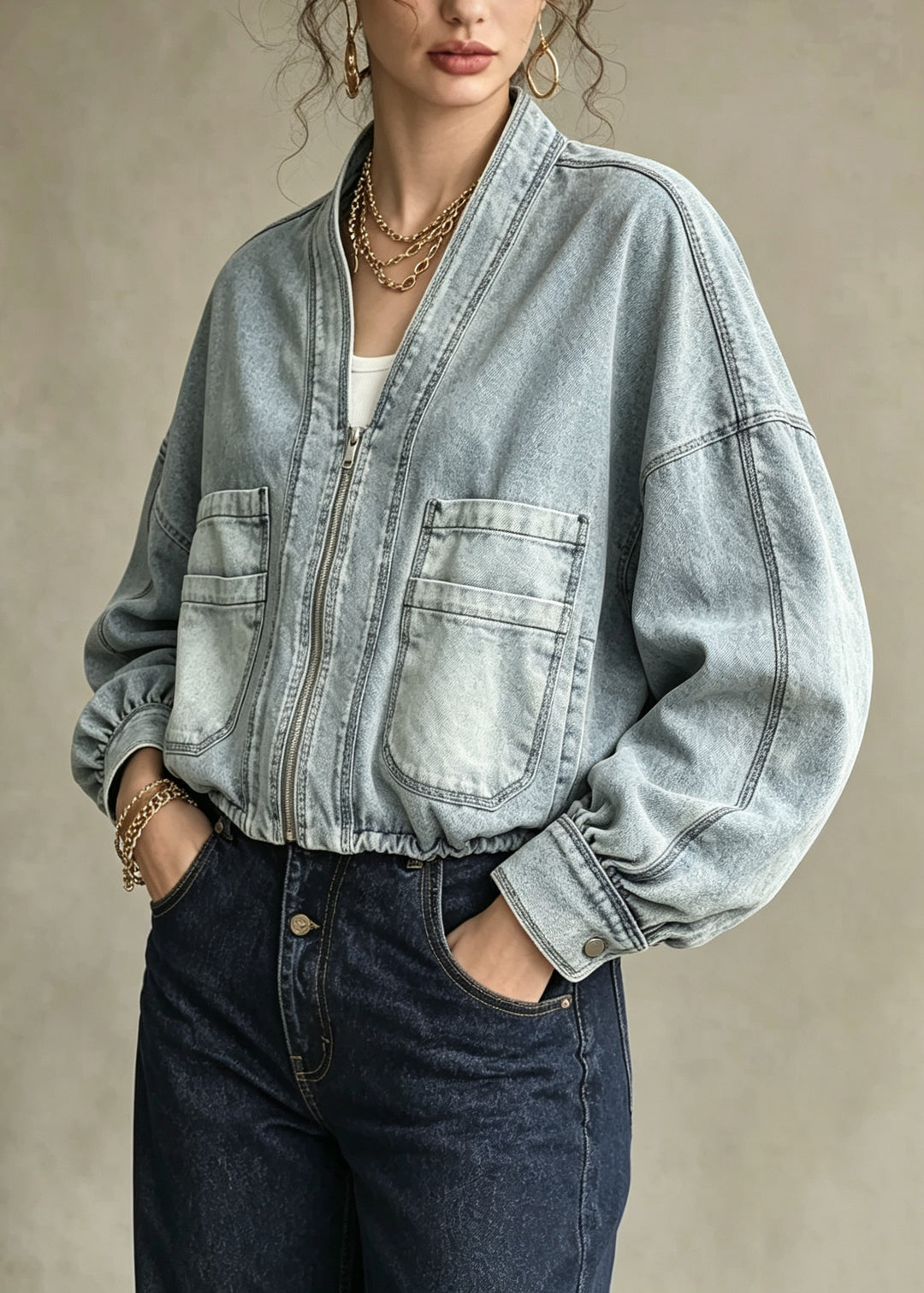 Women Blue Zip Up Pockets Patchwork Denim Jacket Fall
