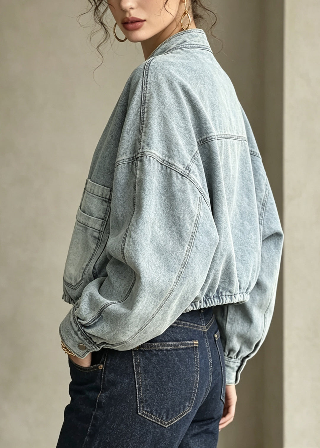 Women Blue Zip Up Pockets Patchwork Denim Jacket Fall
