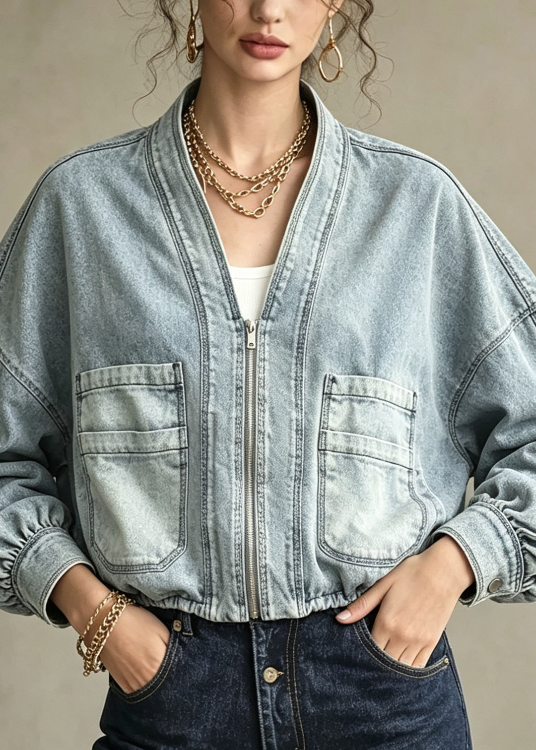 Women Blue Zip Up Pockets Patchwork Denim Jacket Fall