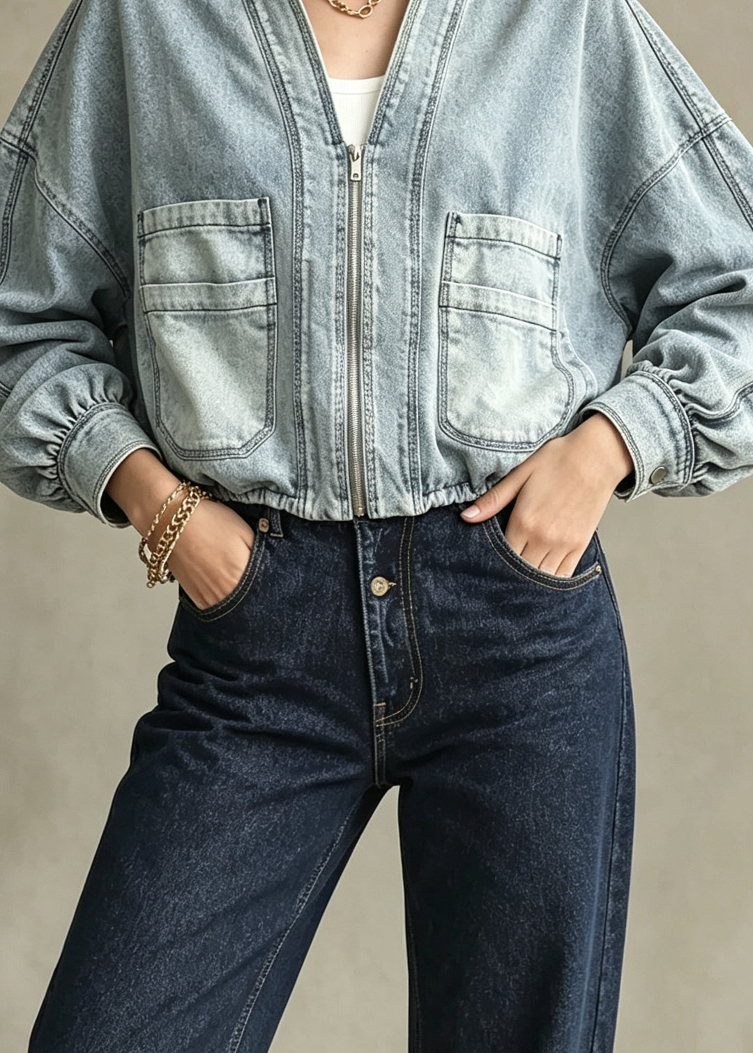 Women Blue Zip Up Pockets Patchwork Denim Jacket Fall