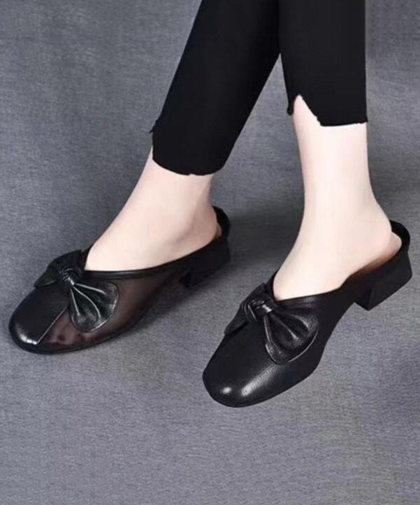 Women Bow Tulle Splicing Chunky Yellow Cowhide Leather Slide Sandals