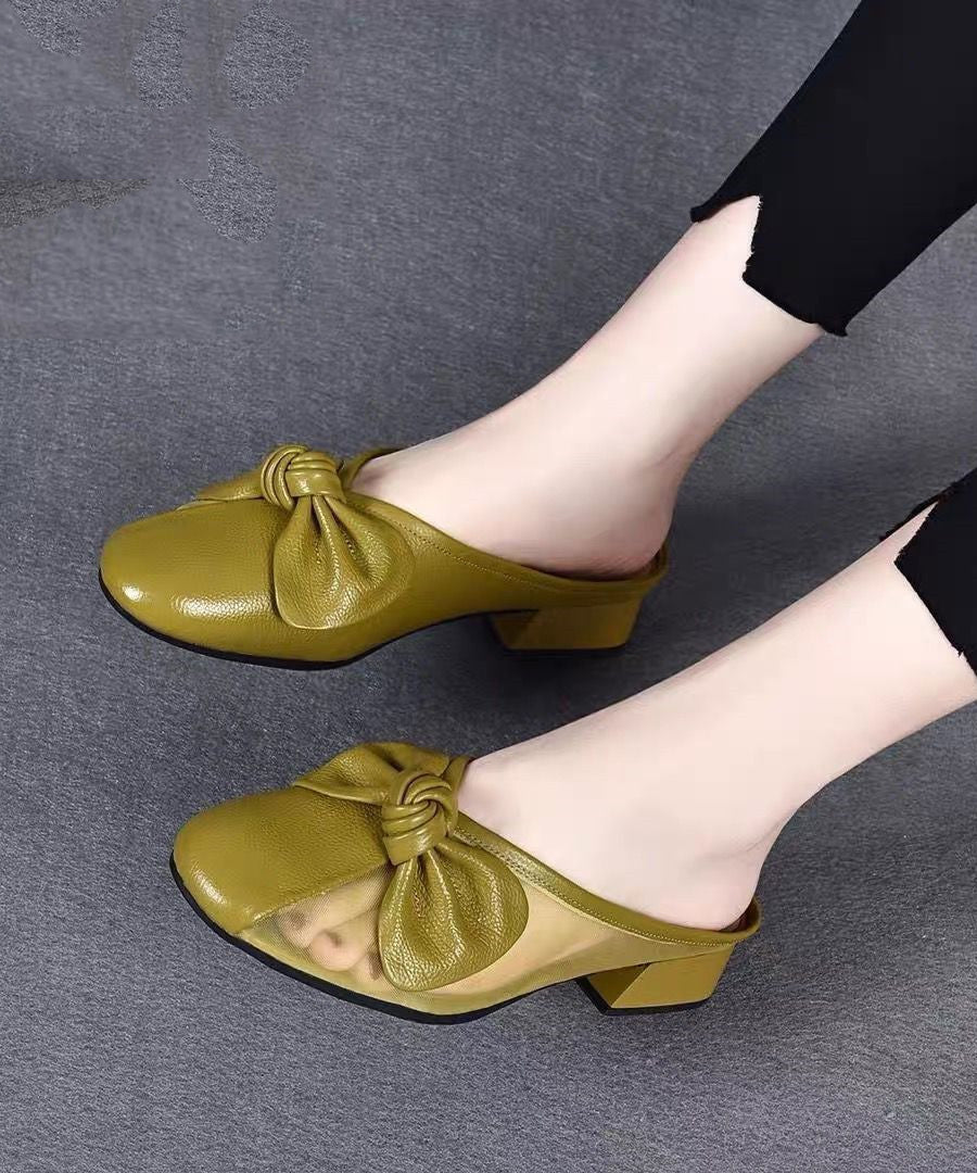 Women Bow Tulle Splicing Chunky Yellow Cowhide Leather Slide Sandals
