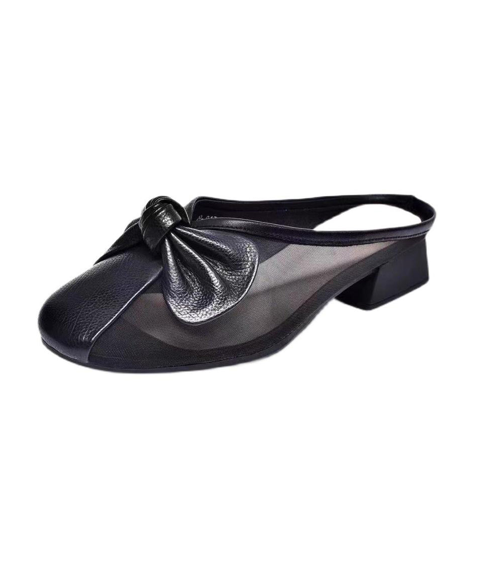 Women Bow Tulle Splicing Chunky Yellow Cowhide Leather Slide Sandals