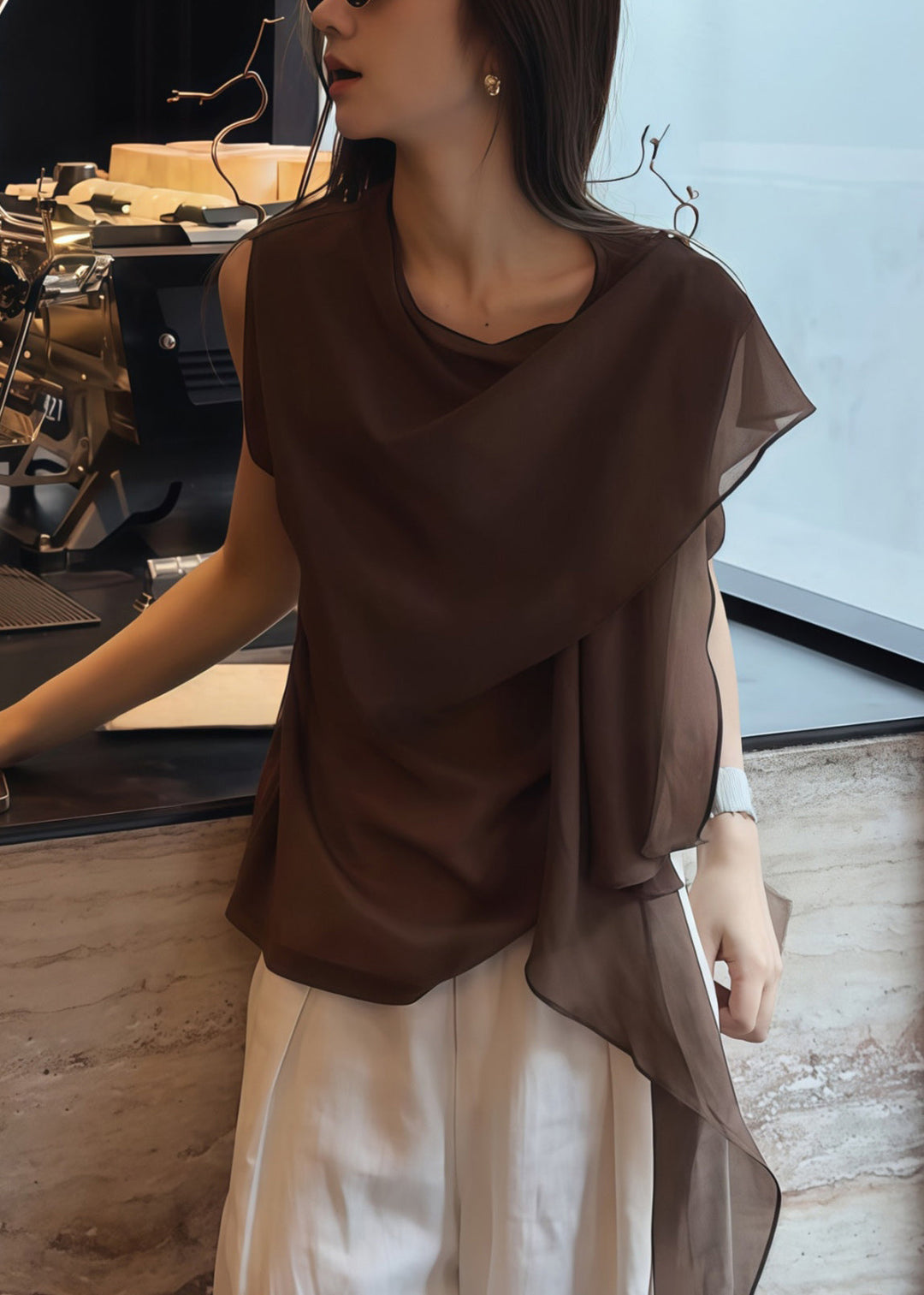 Women Brown Asymmetrical Chiffon Tank Tops Summer