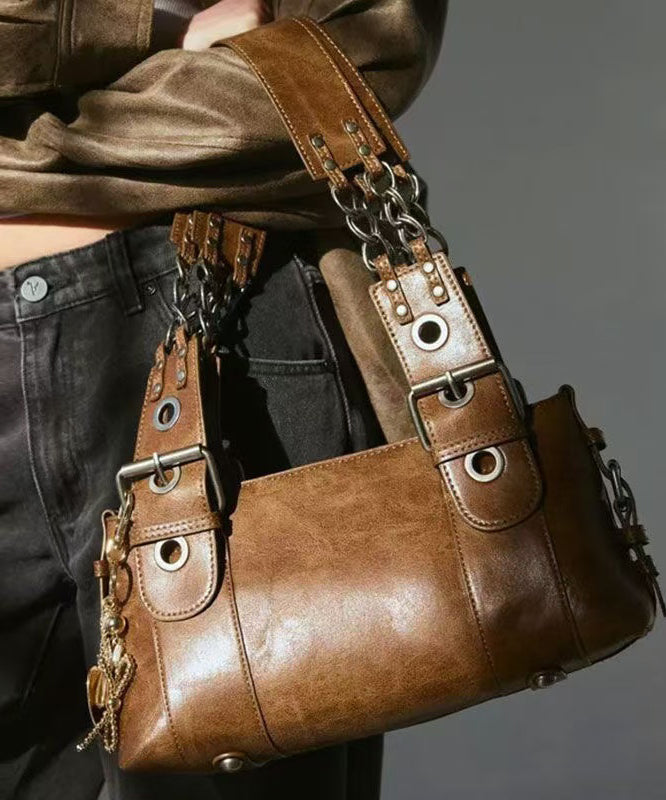 Women Brown Chain Linked Patchwork Faux Leather Shoulder Bags