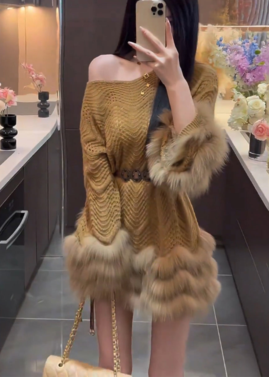 Women Brown Cold Shoulder Patchwork Faux Fur Sweater Dress Spring